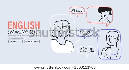 Studying foreign language online. Student speaking English in uk club and learn in internet school. Digital education, elearning concept. Line graphic vector illustration banner, social media web ad.