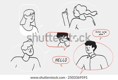 Group of young people polyglots from different countries practice speaking skills with native speakers and learn foreign languages online. Creative doodle character illustration for language school.