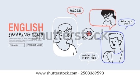 Group of young people from different countries practice speaking skills with native speakers and learn foreign languages pronounciation. Creative doodle character illustration for language school.