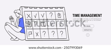 Man sitting under calendar set tasks priority and project goals. Employee or businessman scheduling meetings and planning work tasks. Concept of low productivity, work stress and procrastination.