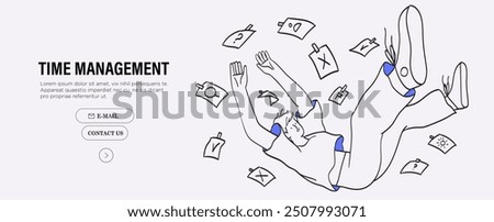 Employee, businessman or student fail to manage work time and finish tasks on time. Low productivity, stress and procrastination concept. Vector illustration of falling man.