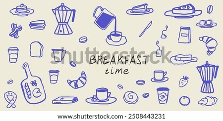 Hand draw la dolce vita breakfast doodles. Vector illustration of food and coffee icons in chalk, crayon drawing style. Minimalist line art. Illustration for invitations, menus design, social media.