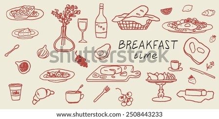 Hand drawn chalk food illustrations set. Sketch style breakfast, lunch icons. Wine glass, coffee, croissant, cheese and bread drawings for invitations, menus and parties. La dolce vita italian style.