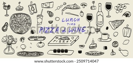 Hand drawn crayon food illustration. Sketch style lunch or dinner icons. Vector of wine, pizza, seafood and sushi Illustrations for invitations, menus and parties. La dolce vita italian style.