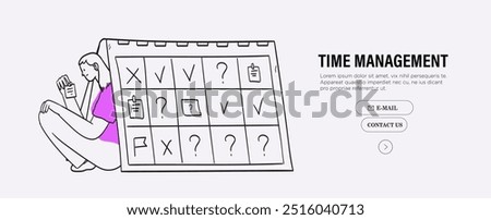 Woman sitting under calendar set tasks priority and project goals. Employee or businesswoman scheduling meetings and planning work tasks. Concept of productivity, work under stress and procrastination