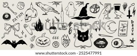 Halloween horror sticker sketch set. Hand drawn witchcraft doodle elements. Halloween and magic sketch icons. Pumpkin, ghost, skull, black cat, pot, hat. Witch and devil drink wine. Cat in mirror.