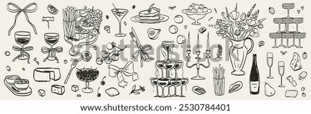 Hand drawn chalk food illustrations. Wedding dinner icons. Wine or champagne glass, cheese, charcuterie drawings for wedding invitations, cafe menus and parties. La dolce vita italian sketch style.