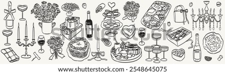 Hand drawn chalk food illustrations. Wedding dinner icons. Wine or champagne glass tower, cheese, charcuterie drawings for birthday invitations, cafe menu, parties. La dolce vita italian sketch style.