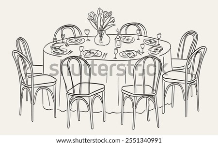 Hand drawn chalk table and chairs illustrations. Italian style wedding dinner table icon. Wine or champagne glass, plates drawings for wedding invitations, cafe menus and parties. Sketch doodle style.