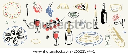 Charcoal or colorful crayons grape, wine bottles and glass, cheese, tomato, pizza and oysters. Vintage beverage and food vector illustration. Hand drawn engraved vintage sketch poster, placard or menu