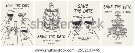 Hand drawn chalk food illustrations. Italian style wedding dinner posters and placards. Wine, champagne glass, cheese, cake drawings for wedding invitations, menus and parties. Ink doodle sketch style