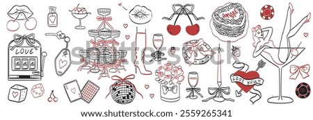 Cute elements decorated with coquette bows, ribbons. Flowers, cherry, hearts, champagne and martini. Elegant vintage woman in glass of martini. Hand drawn line art vector illustrations for wedding.