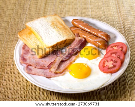 Delicious, american breakfast,  bacon, fried egg  and ham