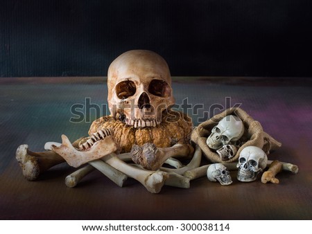 Pile of bones and various sizes skulls,  On dark atmosphere, Still life style
