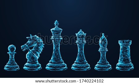 Digital polygonal image of chess pieces. Pawn, knight, king, queen, bishop and rook isolated in black. Abstract vector mesh consisting of blue lines and dots looks like starry sky. Chess game concept
