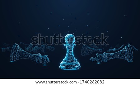 Digital polygonal 3d chess pawn in front of defeated chess pieces isolated in black. Abstract vector illustration consisting of blue lines and dots. Motivation, ambition and success concept wireframe
