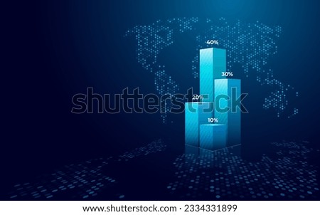 Digital 3D Bar chart with numerical values in percentage. Highlighted growth column chart and abstract hexagon world map on technology blue background. Vector illustration in futuristic hologram style