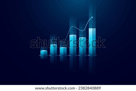 Abstract growth graph chart with up arrow on technology dark blue background. Stock market and success business concept. Vector illustration in digital futuristic light blue monochrome style.