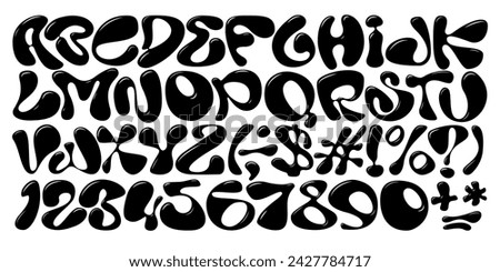 Abstract black Y2K alphabet and number. Black liquid ABC isolated on white background. Brutal typography design. 3D vector illustration in bubble brutalism style. Groovy modern alphabet. Funky letters