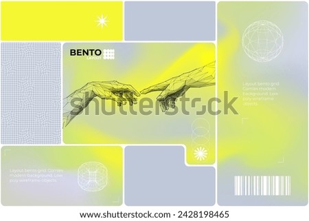 Bento grid web layout with y2k and brutal shapes and design elements on yellow, green, gray concrete fluid gradient background. Puzzle cards. UI design template. Complex liquid mesh gradient. Vector