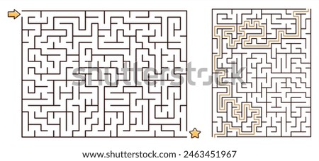 Medium Rectangular Maze Puzzle Game with a solution. Line maze game. Medium complexity. Rectangle labyrinth with entry and exit. Vector