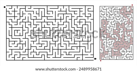 A rectangular maze game of medium difficulty. Vector illustration of puzzle maze