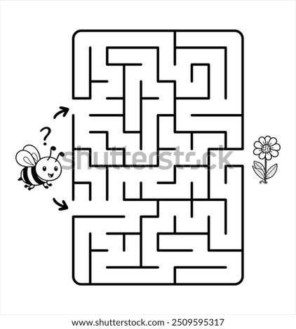 Black and White Kids’ Maze Puzzle – Help the Bee Find the Flower, Easy Labyrinth with Two Entrances for Preschool and Early School Age Children