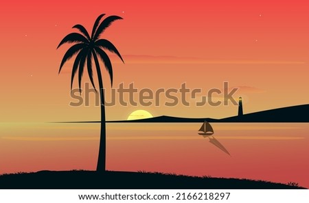 Beautiful sunset beach palm tree boat with hill lighthouse vector