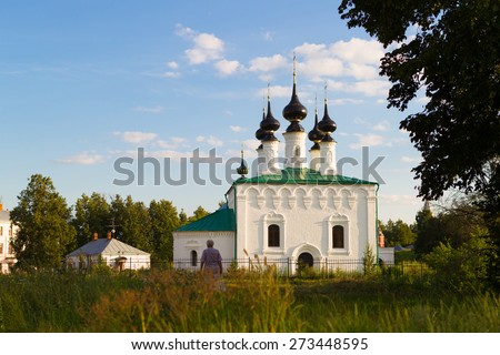Russia, Vladimir region, July 22, 2014 - Log-Jerusalem church, the Church of the Entry into Jerusalem, the center of Suzdal, Trading Rows area, historical places.