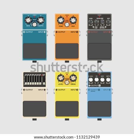 Realistic guitar effects pedal and stomp boxes, vector illustration