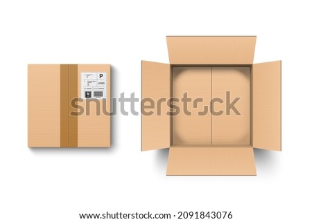 Top view open and closed cardboard box with shipment label  isolated on white background, vector illustration