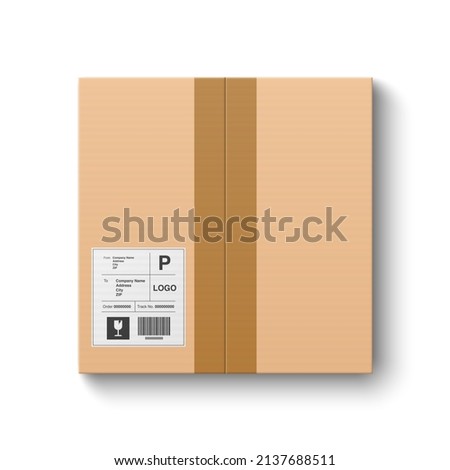 Top view closed cardboard box with shipment label  isolated on white background, vector illustration