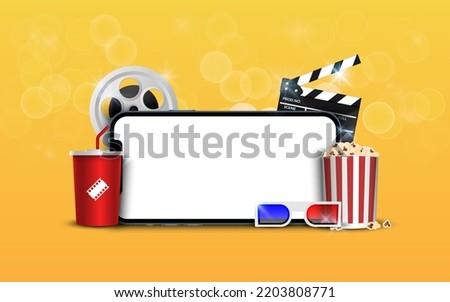 Blank smartphone with popcorn, film strip, clapperboard on yellow background, online streaming movie concept, vector iluustration