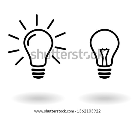 light off and light on lightbulb glowing and turned off electric light bulb simple black outline vector icon set, eps10 illustration, concept idea or creativity