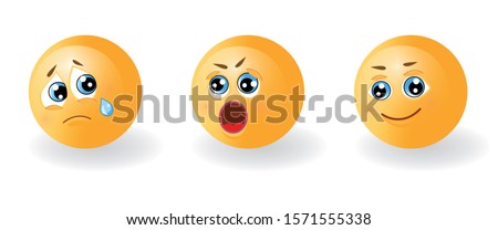 Set of yellow cute happy smiling, sad crying and suprised or angry emoticons. Faces emotions. Facial expression, mood. 3d realistic emoji. Funny cartoon character.Web icon. Vector eps10 illustration