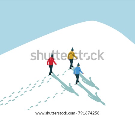 three men walking in snow up to hill mountain peak with blue sky background concept idea achieve goal reach the target growth