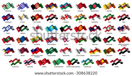 set of all Asian flags on white background