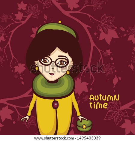 Pretty girl in autumn outfit on bordeaux seamless branches background. Fashion vector illustration with 