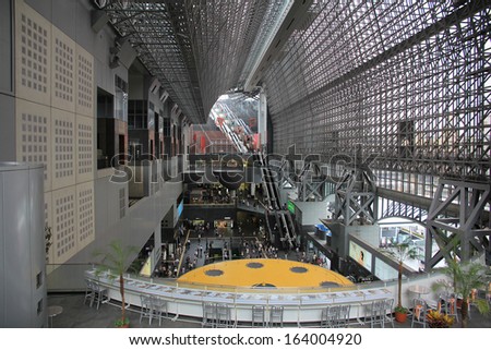 Kyoto, Japan - June 20, 2010: The interior of railway station on  June 20, 2010 in Kyoto, Japan. Kyoto railway station is a very famous and controversial piece of modern Japanese architecture.