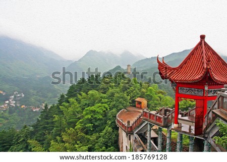 photo of generic chinese landscape with red pavilion, misty mountains and golden pagoda in the distance, stylized and filtered to look like an oil painting. Location - Jiuhua Shan, Anhui province.