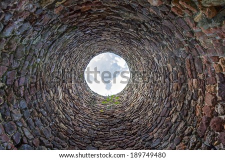 The inside of an old industrial chimney shaft photographed from the bottom - circular stone wall with tree growing from it and blue sky with white clouds in the opening in the centre, horizontal