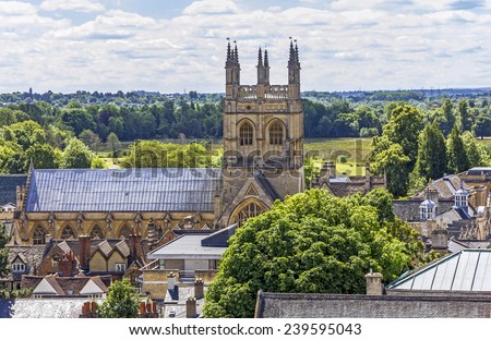 Oxford, England - July 11, 2010: Aerial view of Merton College with Christ Church Meadow in background on July 11, 2010. Merton college is one of the most famous colleges in Oxford.