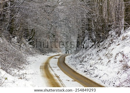 country road in winter, covered with snow and sand with thick snow covered trees on both sides