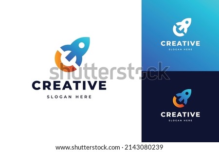 Creative rocket flight startup fly launch vector logo design, Letter C rocket space takeoff up logo design