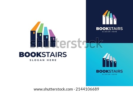 book stairs solution idea progress success education vector logo design, Stair stack book up step career school logo design