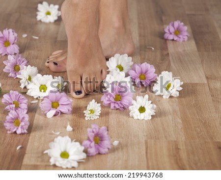 Feminine feet and flowers on a parquet floor. Copy space in the right.