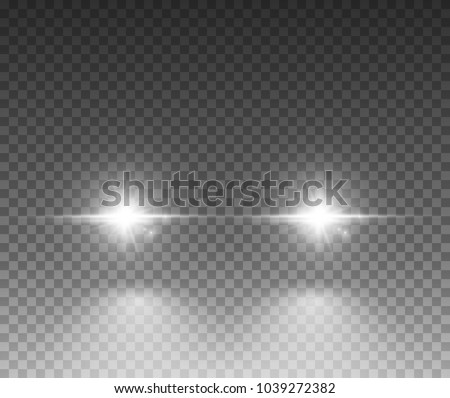 Cars light effect. White glow car headlight bright beams ray isolated on transparent background.