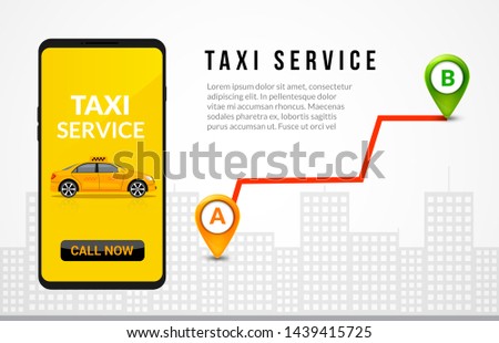 Taxi service app design. Mobile phone order taxi in city map location illustration.