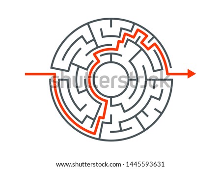 Circle maze vector labyrinth game. Round puzzle circular maze with solution. Complex labyrunth pattern.