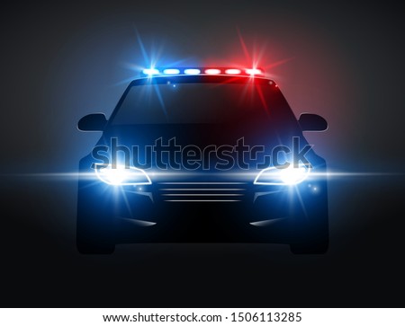 Police car light siren in night front view. Patrol cop emergency police car silhouette with flasher.